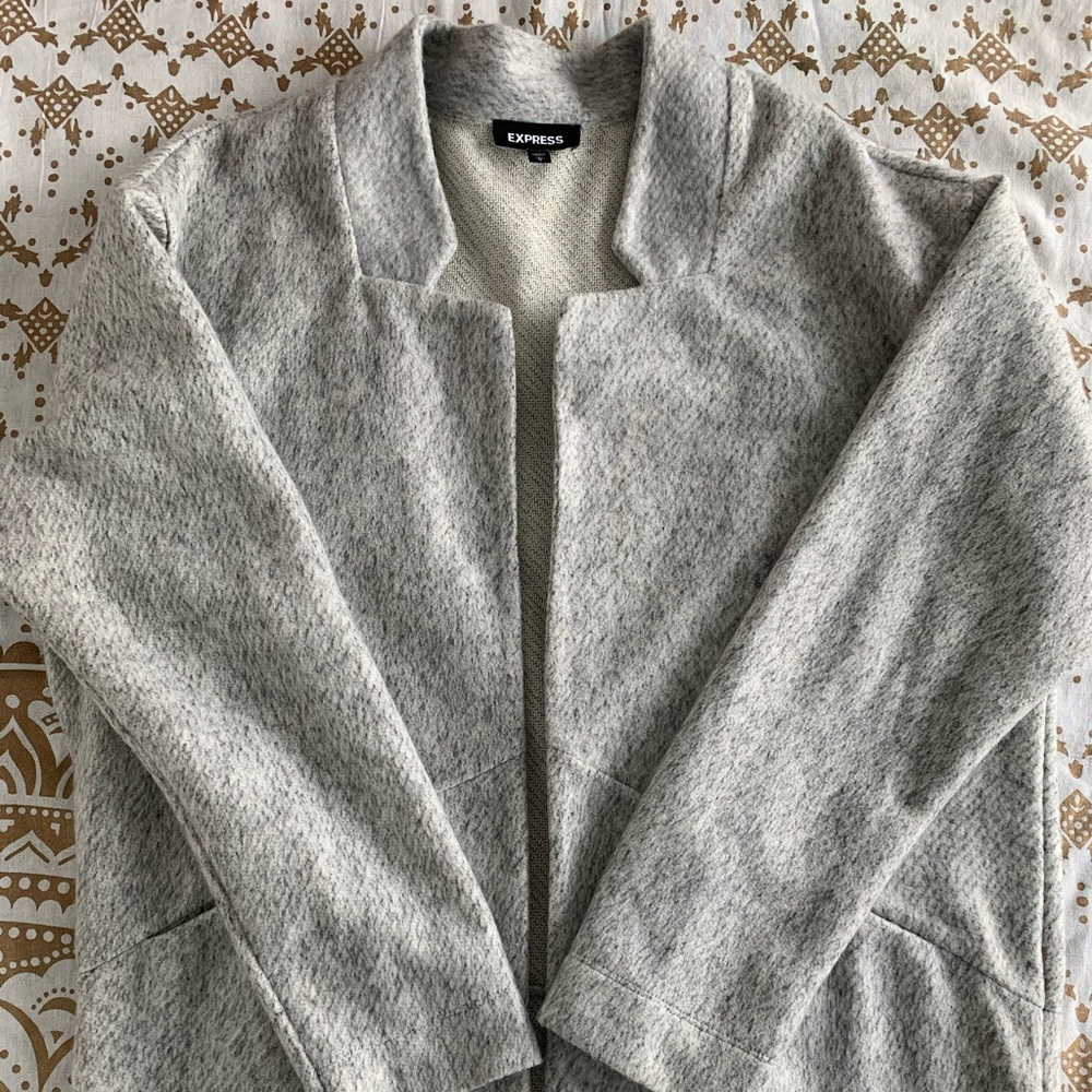Grey Open Cardigan with Pockets & Unique Neckline